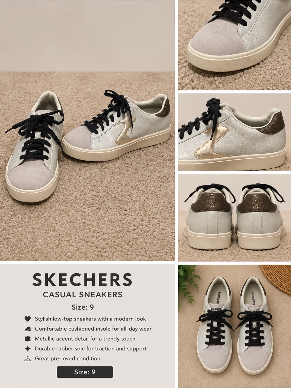 Skechers Light Gray & Gold Low-Top Sneakers with Black Laces